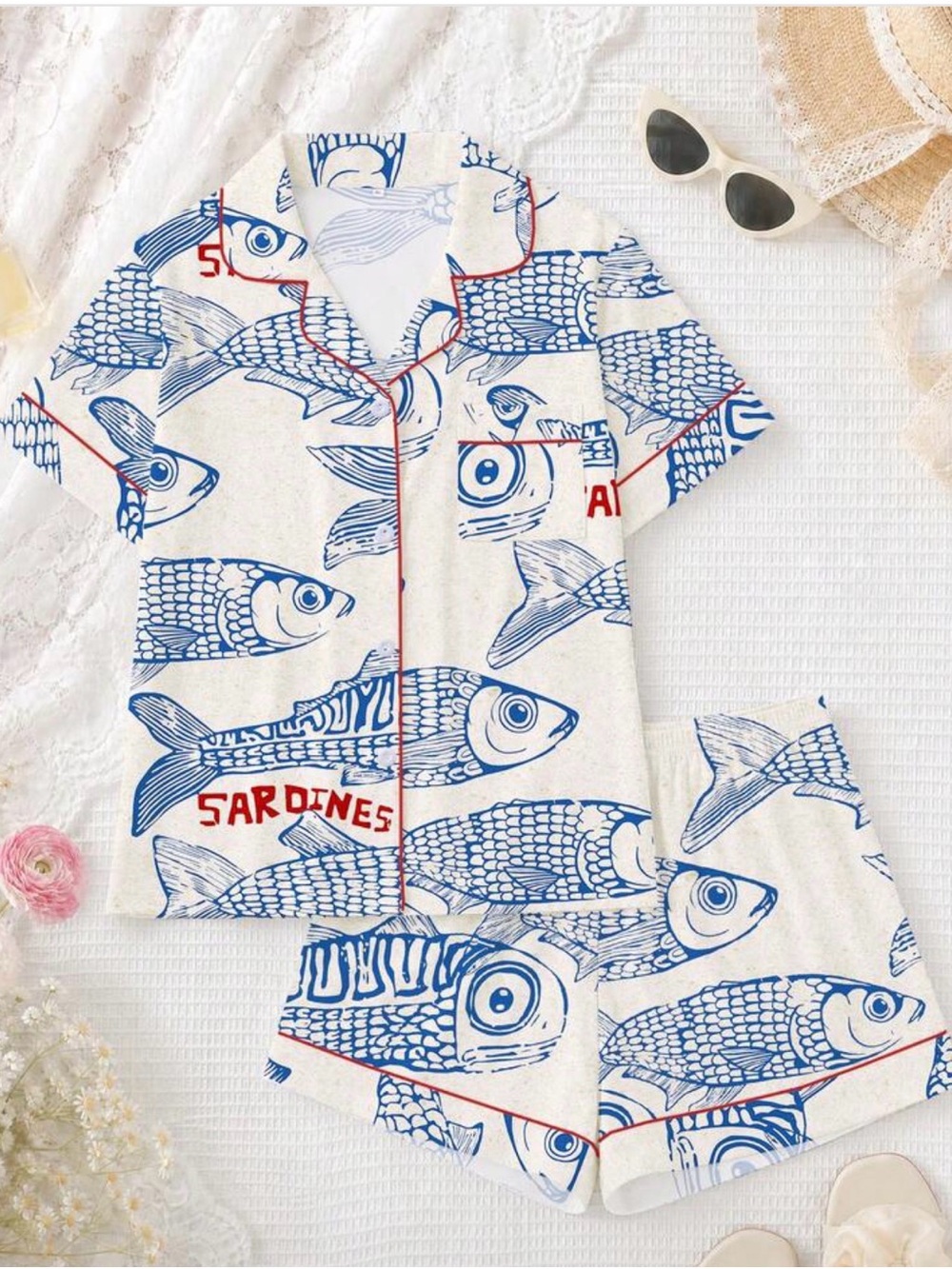 SHEIN White & Blue Sardine Print Short Pajama Set with Red Trim